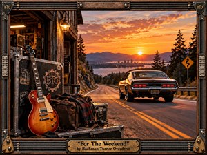 A richly detailed classic rock road-trip scene unfolds at sunset, with a vintage muscle car cruising a winding mountain highway toward a glowing lakeside city. A worn electric guitar, travel cases, blankets, and gear fill the foreground garage area. Warm amber, copper, and deep blue tones create a nostalgic, adventurous atmosphere, enhanced by rugged metal-and-wood framing.