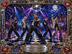 Kung Fu Hand Painting - Five stylish performers command a glossy checkerboard dance floor beneath a sparkling disco ball, surrounded by cheering silhouettes, confetti, fog, and a moonlit mansion. Electric blues, purples, silver, red, and gold glow under dramatic spotlights. Rich acrylic-style textures, chrome ornamentation, musical motifs, red lips, and an engraved title plate create exuberant late-1990s pop glamour.