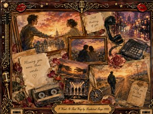 A nostalgic romantic collage unfolds within an ornate rosewood and gold frame, blending oil-painted memories of lovers, rainy city lights, distant roads, roses, cassette tape, telephone, microphones, and stage silhouettes. Warm amber, burgundy, violet, and sunset tones create a bittersweet atmosphere, with softly glowing light and layered vintage textures suggesting longing, devotion, and fading memories.