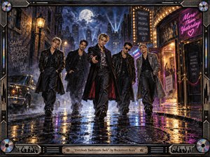 Kung Fu Hand Painting - Five stylish young men stride through a rain-slick midnight alley, framed by neon club lights, brick walls, and a glowing full moon over the city skyline. Reflections shimmer in violet, gold, and blue across the pavement, while the richly textured, painterly style and ornate music-themed frame create a dramatic, nostalgic, celebratory mood.