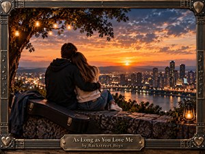 A young couple embraces on a stone overlook above a glowing riverside city at sunset, creating a tender, nostalgic mood. Warm amber lights, deep blue shadows, and dramatic clouds frame the intimate composition. Photorealistic detail, a guitar case, lantern, string lights, and an ornate musical metal frame enrich the romantic atmosphere.