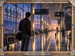 Kung Fu Hand Painting - A solitary man watches a woman depart through a vast glass airport terminal at sunset, evoking longing, distance, and unresolved love. Warm amber reflections stretch across polished floors beneath cool blue skies, while ghostlike figures linger in the windows. A handcrafted metallic frame with musical details completes the cinematic, nostalgic composition.
