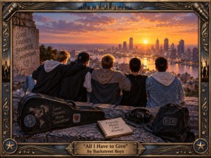 Five young men sit shoulder to shoulder on a weathered overlook, facing a glowing city at sunset. Warm gold, amber, and deep blue tones create a nostalgic, hopeful mood. A guitar case, headphones, journal, and backpack suggest shared history, while the ornate bronze musical frame gives the scene a handcrafted, commemorative character.