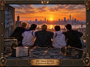 Five young men sit shoulder to shoulder on a rooftop overlooking a glowing city skyline at sunset, creating a warm mood of friendship, devotion, and nostalgia. Golden orange light contrasts with deep urban shadows, while a boombox, skateboard, graffiti, and keepsakes add 1990s character within an ornate bronze musical frame.