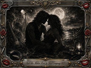 A moonlit couple leans intimately together in a smoky, charcoal-rendered rock setting, framed by guitars, vinyl, roses, cables, and glowing stage details. Deep blacks, silvery highlights, red lips, and gold-chrome ornamentation create a sensual, nostalgic mood. Dramatic lighting and textured shading evoke romantic tension and classic 1970s rock atmosphere.