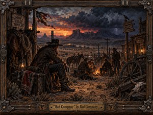 A rugged outlaw rests beside a firelit frontier camp as companions, horses, and weathered buildings stretch toward distant mesas beneath a stormy sunset. Burnt amber, charcoal blue, and dusty brown tones create a brooding, defiant mood. Painterly oil textures, lantern glow, lightning, worn timber, metalwork, and engraved framing enrich the cinematic scene.