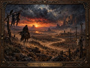 A lone outlaw rides across a desolate western landscape beneath turbulent storm clouds and a fiery orange sunset. A winding road leads toward a distant frontier town, surrounded by rugged cliffs, circling ravens, and weathered ruins. Rich oil painting textures and an ornate bronze frame evoke danger, isolation, and defiance.