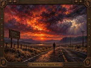 A lone traveler walks a weathered highway toward a glowing sunset beneath immense crimson and violet storm clouds. Rugged mountains, dry grasses, telephone poles, and a faded roadside sign deepen the restless solitude. Richly textured oil brushwork and fiery reflections fill the scene, enclosed by an ornate guitar-inspired bronze frame.
