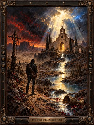 A lone guitarist faces a weathered desert chapel beneath swirling crimson and blue storm clouds. Golden light illuminates a winding stream, while a fallen chalice, scattered rose petals, and rusted cross symbolize redemption. Richly textured oil painting, dramatic lighting, and an ornate bronze guitar-themed frame create a haunting, spiritual atmosphere.