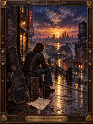 A lone musician overlooks a rain-soaked city beneath a blazing orange and violet sunset. Golden reflections follow a winding road through mist, while a battered guitar case and scattered rose petals evoke longing and hope. Expressive oil brushwork and warm lamplight glow within an ornate, guitar-inspired wooden frame.
