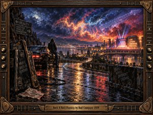 A lone rocker stands beside a vintage car on a rain-soaked overlook, gazing toward a blazing concert city. A winding road gleams beneath swirling violet, crimson, and golden clouds, where a ghostly guitar shines. Rich oil-painted textures and an ornate bronze guitar-themed frame evoke freedom, nostalgia, and electric anticipation.