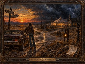 A lone traveler stands beside a weathered muscle car at a muddy crossroads, facing a glowing revival tent and distant chapel. Fiery sunset clashes with storm clouds, illuminating rugged terrain. This dramatic oil painting combines golden light, smoky blues, ravens, and ornate bronze framing to evoke temptation, defiance, and spiritual conflict.