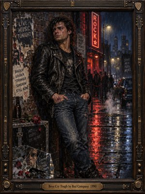 A rugged young man in a worn leather jacket stands beneath neon lights on a rain-soaked city street, concealing heartbreak behind a defiant expression. Crimson reflections illuminate wet pavement, torn posters, a wilted rose, and shattered glass. Dramatic oil painting textures and an ornate guitar-inspired frame evoke loneliness and resilience.