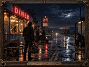 A lonely traveler stands outside a glowing roadside diner beneath stormy midnight skies. Strangers linger beside a vintage car and deserted bus stop, surrounded by rain-soaked pavement reflecting crimson neon and amber lights. Cinematic photographic realism captures melancholy isolation, framed in weathered wood, guitar strings, and engraved brass.
