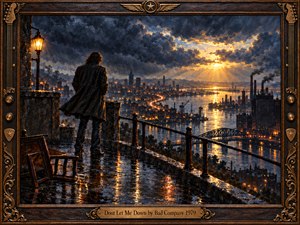 A solitary figure overlooks a rain-soaked industrial city beneath turbulent blue-gray storm clouds. Golden sunlight breaks through, illuminating distant bridges, factories, and shimmering water. An overturned chair and abandoned glass suggest loneliness and uncertainty. Rich oil textures, dramatic lighting, and an ornate bronze guitar-inspired frame evoke melancholy and fragile hope.