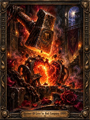A massive iron hammer crashes toward a molten heart inside a shadowy gothic forge, scattering sparks and glowing fragments. Crimson roses, heavy chains, and ruined stone surround the fiery centerpiece, while moonlight filters through distant arches. Rich oil-painted textures, smoky shadows, and an ornate bronze frame heighten the passionate, dramatic atmosphere.