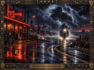 A lone motorcycle rider approaches along a winding, rain-slick road beneath lightning-torn storm clouds. Red roadhouse neon shimmers across puddles, contrasting with icy blue skies and distant industrial silhouettes. Expressive oil-painted textures, ghostly clouds, swirling mist, and an ornate guitar-inspired metal frame heighten the scenes ominous, rebellious energy.