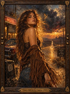 A windswept woman in fringed leather stands beside a vintage car and glowing roadside motel, gazing confidently beneath stormy skies. Golden sunset illuminates a winding desert highway, distant mountains, and weathered signs. Rich amber and charcoal oil brushstrokes evoke 1970s rock freedom, enclosed within an ornate guitar-inspired wooden frame.