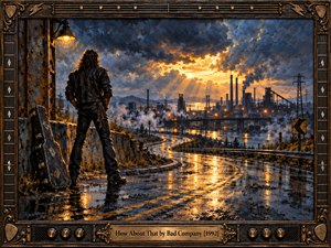 A lone leather-clad musician stands beside a battered guitar case, surveying a rain-soaked road winding toward smoky factories. Golden sunlight bursts through turbulent blue-gray clouds, illuminating puddles and distant chimneys. Rich oil-paint textures, dramatic reflections, and an ornate bronze guitar-inspired frame with engraved title plate create a gritty, defiant atmosphere.