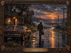 A lone traveler walks away from a roadside motel beneath a stormy sunset, carrying a bag past a rain-soaked vintage car. Golden light glimmers across the winding highway while distant hills fade into mist. Rich, textured oil brushwork and an ornate guitar-themed wooden frame evoke melancholy, nostalgia, and resolve.