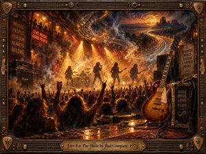 An oil-painted 1970s rock concert fills a smoky hall, where silhouetted musicians perform beneath blazing amber spotlights and a sea of raised hands. Golden musical trails sweep toward a moonlit desert highway, suggesting freedom and devotion. A sunburst guitar anchors the foreground within an ornate bronze-and-wood frame.