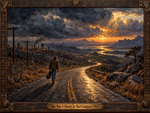 A lone traveler carrying a guitar case follows a winding, rain-slick road away from an industrial town toward a glowing mountain horizon. Heavy charcoal storm clouds split around golden sunset light, illuminating rugged hills and reflective water. Rich oil-painted textures and a weathered guitar-inspired wooden frame evoke determined, restless freedom.