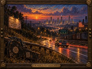 A glowing highway curves toward Atlantas illuminated skyline beneath a dramatic orange and violet sunset. Vintage cars, weathered billboards, railway cars, and a battered guitar case evoke restless musical journeys. Richly textured oil brushwork blends nostalgia with anticipation, while a dark wooden frame and engraved brass title plate complete the scene.