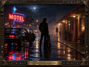A lone musician holding a guitar case stands beside a vintage car outside a rain-soaked motel, watching a woman disappear into the mist. Red and blue neon reflections illuminate the pavement beneath a moonlit sky. Cinematic 1980s photography captures romantic tension, framed by ornate guitar-inspired metalwork and an engraved brass titleplate.