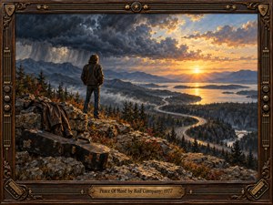 A lone traveler stands on a rocky overlook beside a weathered guitar case, surveying a winding road and misty mountain lake. Dark storm clouds yield to a radiant golden sunset, creating a mood of hard-won serenity. Rich oil-painted textures and an ornate guitar-inspired wooden frame complete the nostalgic scene.