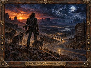 A lone leather-clad traveler stands with wolves above a winding desert highway, watching motorcycles ride toward distant lights. Fiery orange sunset fades into a stormy, moonlit blue sky over rugged mesas. Dramatic oil-painted textures, drifting mist, and an ornate wooden frame with brass detailing evoke freedom, rebellion, and restless companionship.