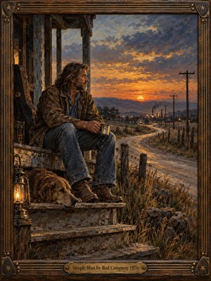 A weathered man rests on wooden porch steps beside his loyal dog, gazing toward an amber sunset. A winding country road leads past fences and telephone poles to a distant industrial town. Rich oil-painted textures, dusky blue clouds, warm lantern light, and an ornate brass-trimmed wooden frame evoke quiet resilience.