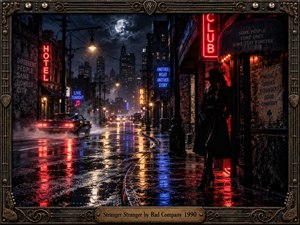 A mysterious woman in a dark coat stands outside a neon-lit nightclub overlooking a rain-soaked city street. Crimson, blue, and amber reflections shimmer across wet pavement beneath a cloudy moonlit sky. Vintage cars, drifting mist, and glowing signs create cinematic noir tension, enclosed within an ornate guitar-inspired metallic frame.