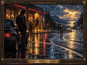 A cinematic oil painting captures a solitary man beside his car, gazing toward a woman standing in a warmly illuminated roadhouse doorway. Rain-soaked pavement reflects golden lights beneath stormy blue skies. A winding mountain road suggests romantic possibility, while an ornate guitar-inspired wooden frame and engraved brass title plate complete the scene.
