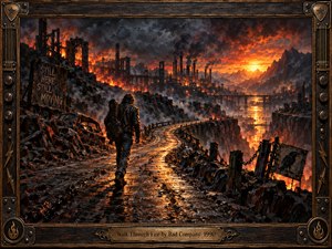 A lone traveler carrying a guitar case follows a winding, rain-slick road through a burning industrial wasteland. Smokestacks and shattered structures loom beneath turbulent clouds, while fiery orange light illuminates distant mountains. Rich, textured oil painting, dramatic shadows, and an ornate guitar-inspired wooden frame evoke defiance, danger, and endurance.