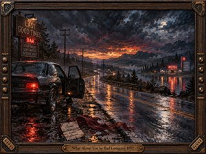 A rain-soaked highway curves toward misty mountains beneath a stormy twilight sky. A parked car with an open door, discarded scarf, and weathered letter evoke heartbreak and longing. Crimson neon reflects across wet pavement beneath fiery sunset clouds. Expressive oil brushwork and an ornate bronze guitar-themed frame deepen the melancholy.