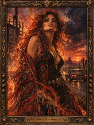 A fierce red-haired woman commands a fiery desert landscape, her flowing shawl merging with swirling embers and smoke. A vintage muscle car rests beside a lonely road beneath stormy skies. Rich oil brushwork blends crimson, copper, and charcoal tones. An ornate bronze frame and engraved title plate complete the dramatic composition.