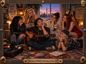 A warmly lit music room surrounds a thoughtful guitarist seated among five admiring women, creating a playful, romantic atmosphere. Rich amber lamps, sunset city views, records, books, instruments, and patterned textiles fill the intimate scene. Photorealistic detail, warm wood tones, and a guitar-string frame reinforce its nostalgic musical character.