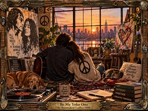 A warmly lit bohemian loft frames a couple embracing beside a guitar while sunset glows across a distant city skyline. Rich amber, brown, and crimson tones surround records, books, plants, paintings, a sleeping dog, and cat. The detailed mixed-media realism conveys playful romance, creativity, nostalgia, and intimate companionship.