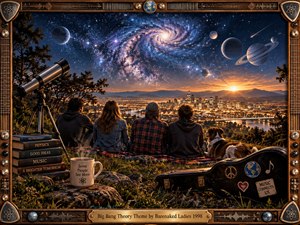 Four friends and a dog overlook a glowing city beneath a spectacular cosmic sky filled with planets, stars, and a swirling galaxy. Warm sunset light contrasts with deep celestial blues, while a telescope, books, mug, and guitar case add playful scientific and musical details within an ornate handcrafted frame.
