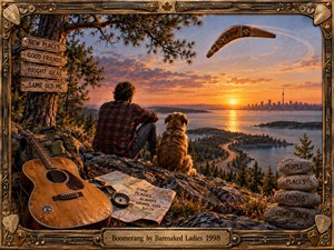 A traveler and shaggy dog overlook a glowing lakeside city at sunset, surrounded by a worn guitar, backpack, map, compass, wooden signs, and stacked stones. Warm orange light, rugged textures, and a sweeping boomerang create a reflective, nostalgic mood within an ornate handcrafted musical frame.
