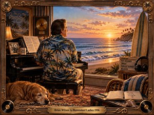 A reflective musician sits at a grand piano overlooking a glowing coastal sunset, surrounded by records, sheet music, a surfboard, headphones, and a sleeping dog. Warm amber light, ocean blues, carved wooden framing, and nostalgic studio details create a peaceful, introspective atmosphere blending memory, creativity, isolation, and musical devotion.