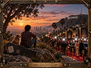 A solitary musician and dog overlook glowing Los Angeles at sunset while a glamorous red carpet spectacle unfolds below beneath flashing cameras. Warm amber skies, distant city lights, rugged rocks, and ornate musical framing create a reflective, satirical mood contrasting private authenticity with manufactured fame in richly detailed cinematic realism.