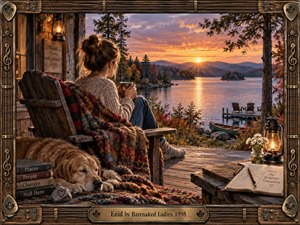 A young woman rests on a rustic lakeside porch at sunset, wrapped in a colorful blanket beside a sleeping golden dog. Warm lantern light, autumn trees, distant mountains, a canoe, books, flowers, and handwritten journals create a reflective nostalgic mood, framed by richly detailed wood, metal, and musical ornamentation.