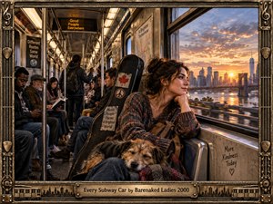 A warm subway car carries diverse passengers through a glowing city sunset, centered on a thoughtful woman beside a sleeping dog and weathered guitar case. Golden light, reflective windows, worn metal, and intricate brass framing create a hopeful, intimate mood, blending cinematic realism with richly handcrafted musical ornamentation.