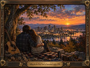 A couple sits closely beneath a sprawling autumn tree, overlooking a glowing riverside city at sunset. Warm orange, gold, and violet light fills the textured painted scene, reflecting across bridges and water. An acoustic guitar, blanket, thermos, and ornate musical frame reinforce the intimate, hopeful, reflective atmosphere.