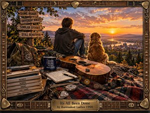 A man and golden dog overlook a winding river city beneath a radiant sunset, surrounded by a weathered guitar, notebooks, records, travel gear, and symbolic signs. Warm amber light, rugged textures, and an ornate guitar-themed wooden frame create a nostalgic, reflective scene about repetition, memory, creativity, and enduring beauty.