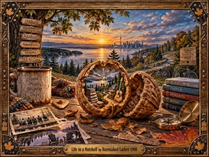A cracked walnut opens onto a miniature landscape of winding paths, books, a guitar, and distant city lights, surrounded by photographs, autumn leaves, a compass, and keepsakes. Warm sunset gold, rustic wood textures, and intricate handcrafted details create a nostalgic, playful meditation on memories, choices, music, and lifes unfolding journey.