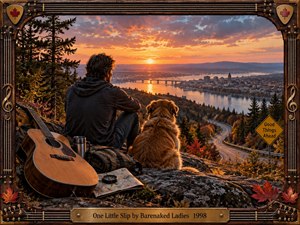 A contemplative traveler and his dog overlook a river city at glowing sunset, surrounded by autumn forest and a winding road. An acoustic guitar, map, compass, and travel gear suggest reflection and uncertain choices. Warm amber light, deep shadows, realistic textures, and an ornate musical wood frame create nostalgic optimism.