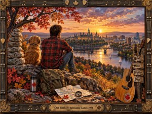 A man and golden dog overlook a glowing autumn city from a rocky hillside, surrounded by maple leaves, travel gear, an acoustic guitar, and weekday stones. Warm sunset light reflects across the river and bridges, creating an energetic yet reflective mood within a richly detailed rustic musical frame.