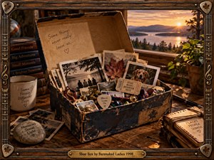 A weathered shoebox overflowing with photographs, keepsakes, tickets, and small treasures rests on a rustic wooden desk beside a glowing sunset window. Warm amber light, aged textures, maple details, books, and musical accents create a nostalgic handcrafted scene celebrating friendship, memory, passing time, and cherished moments.